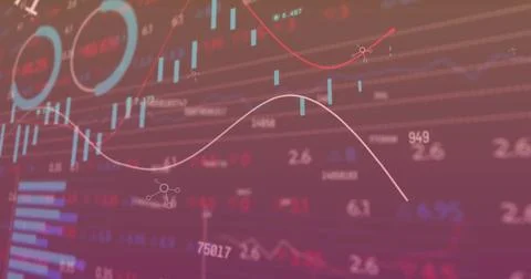 Image of multiple changing numbers over statistical and stock market data p.. Foto stock