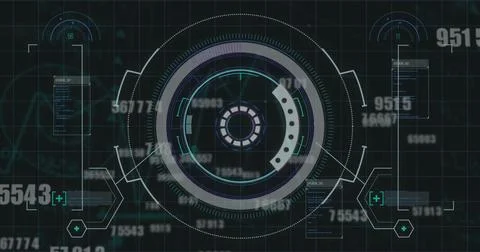 Image of multiple changing numbers over interface with round scanner and data Stock Photos