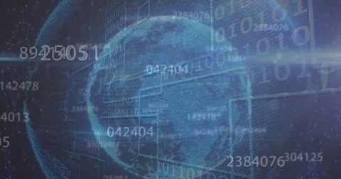 Image of multiple changing numbers over binary coding and globe against blue Stock Photos