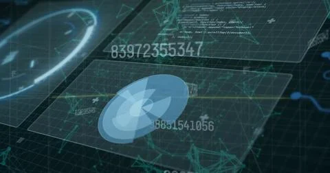 Image of multiple changing numbers over interface with data processing against Stock Photos