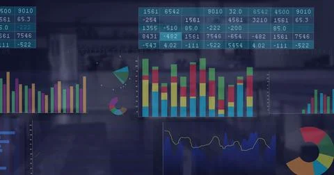 Image of multiple charts and graphs over defocused cafes interior Ilustração Stock