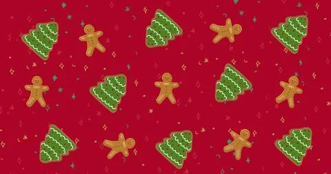 Image of multiple christmas tree and cookie on red background Illustrazione stock