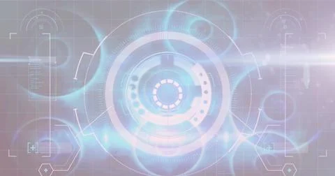 Image of multiple circles, geometric shape and geometric shapes over computer Foto stock