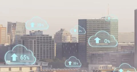 Image of multiple cloud icon with increasing percentage against aerial view of 스톡 사진