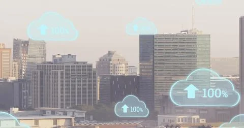 Image of multiple cloud icon with increasing percentage against aerial view of Stock Photos