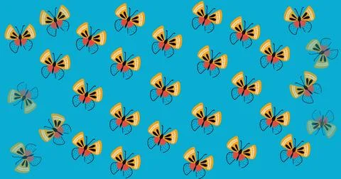Image of multiple colourful butterflies moving over blue background Illustrazione stock