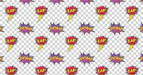 Image of multiple comic book bubbles with POW and ZAP written in yellow on a Illustrazione stock