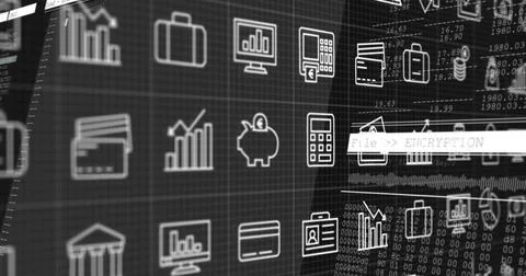 Image of multiple computer applications with numbers and programming language Stock Photos
