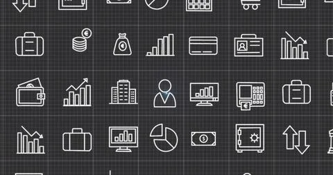 Image of multiple computer icons and screen with programming language over grid Stock Photos