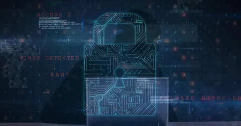 Image of multiple computer screens, online security padlock over hacker using イラスト素材