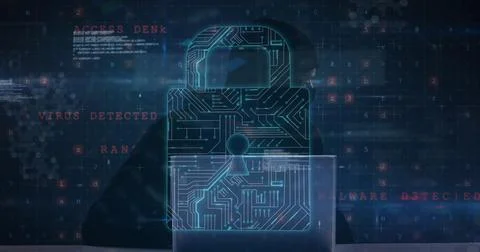 Image of multiple computer screens, online security padlock over hacker using Stockfoto's