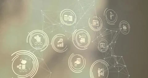 Image of multiple digital icons and network of connections against gradient grey Stock Illustration