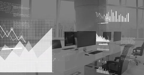 Image of multiple digital icons and data processing against empty office イラスト素材