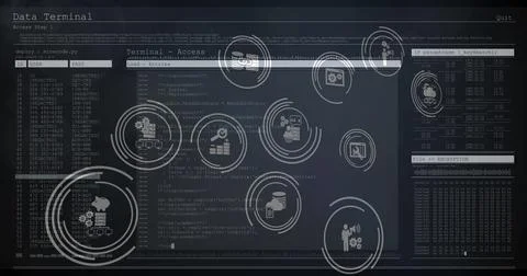 Image of multiple digital icons and data processing against blue background 스톡 일러스트