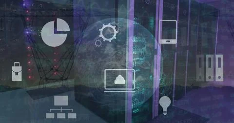 Image of multiple digital icons and globe against computer server room and Stock-Fotos