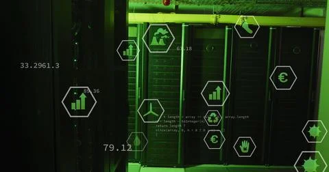 Image of multiple digital icons and data processing against computer server room Foto stock