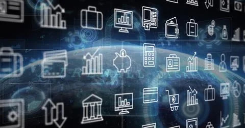 Image of multiple digital icons and cyber security data processing against a Stock Photos