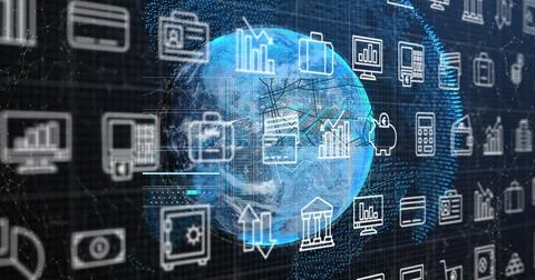 Image of multiple digital icons and interface with data processing against a 스톡 사진