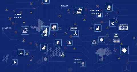 Image of multiple digital icons and microprocessor connections against blue Stockfoto's