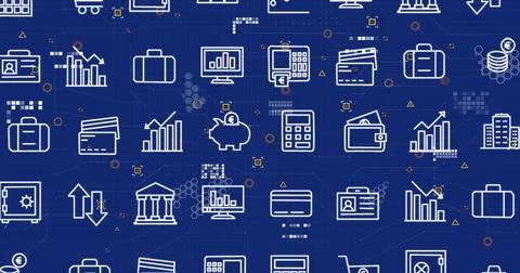 Image of multiple digital icons and microprocessor connections against blue Stockfoto's