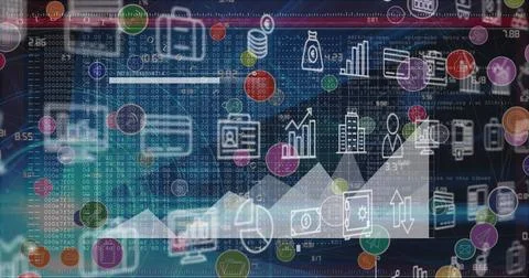 Image of multiple digital icons and statistical data processing against blue 스톡 사진