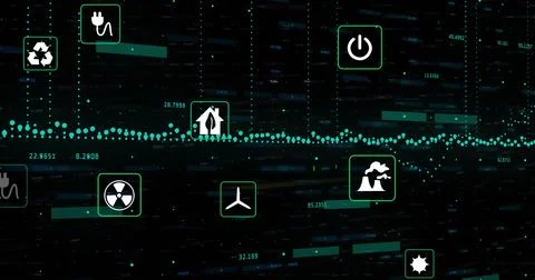 Image of multiple digital icons and financial data processing against black 스톡 사진