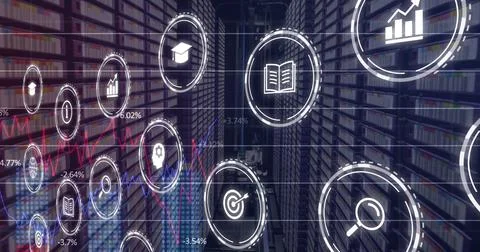 Image of multiple digital icons and statistical data processing against computer 스톡 사진