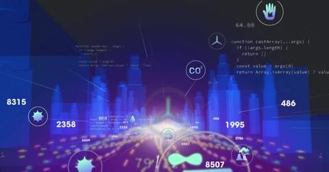 Image of multiple digital icons and data processing over light trails against 3d Stock Photos