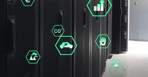 Image of multiple digital icons floating against computer server room Foto stock
