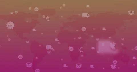Image of multiple digital icons floating over world map against pink gradient Stock Photos