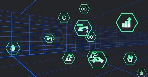 Image of multiple digital icons floating over tunnel in seamless pattern on Stock Photos