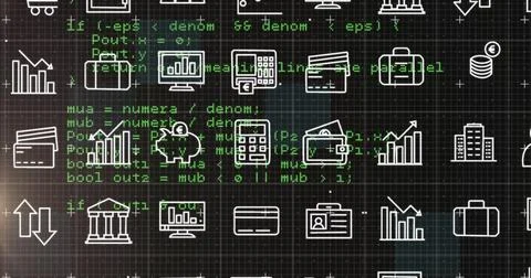 Image of multiple digital icons moving over data processing against black Stock Illustration