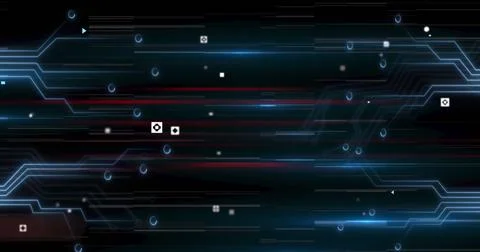 Image of multiple digital icons over computer circuit board on dark background Stock Illustration