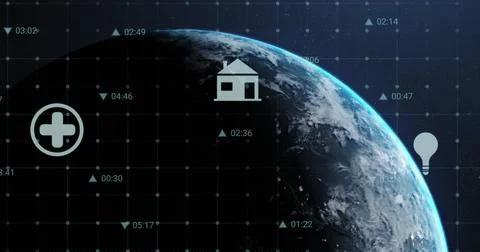 Image of multiple digital icons over grid network against spinning globe in Illustrazione stock