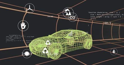 Image of multiple digital icons over 3d car model moving in seamless pattern in 库存插图