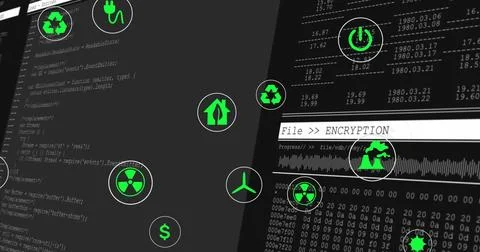 Image of multiple digital icons over data processing against black background Illustrazione stock
