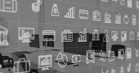 Image of multiple digital icons over grid network against empty office Stock Illustration