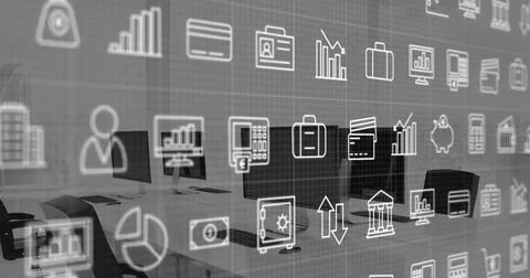 Image of multiple digital icons over grid network against empty office Stock Illustration