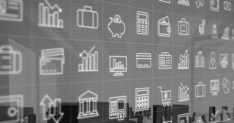 Image of multiple digital icons over grid network against empty office Stock Illustration