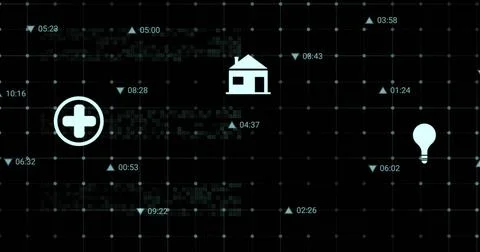 Image of multiple digital icons over grid network against black background Stock Illustration