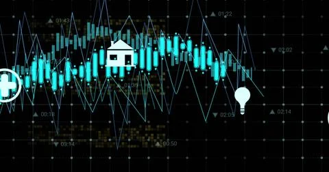 Image of multiple digital icons over grid network against black background Stock Illustration
