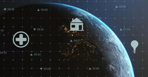 Image of multiple digital icons over globe and light spot against blue 스톡 일러스트