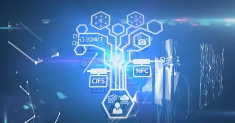 Image of multiple digital icons over screens of network of connections against Illustrazione stock