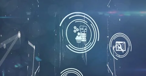 Image of multiple digital icons over light trails and light spots against blue Stock Illustration