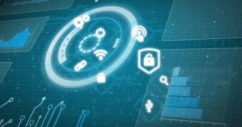 Image of multiple digital icons over interface with data processing against blue Stock Photos