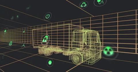 Image of multiple digital icons over 3d truck model moving in seamless pattern Stock Photos