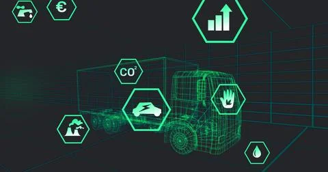 Image of multiple digital icons over 3d truck model moving in seamless pattern Stock Photos