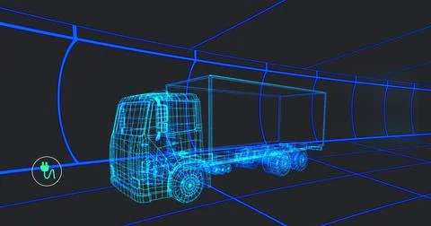 Image of multiple digital icons over 3d truck model moving in seamless pattern Stock Photos