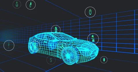 Image of multiple digital icons over 3d car model moving in seamless pattern in Stock Photos