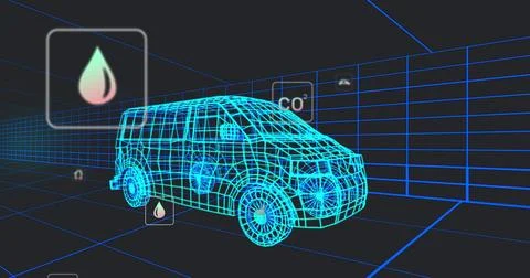 Image of multiple digital icons over 3d van model moving in seamless pattern in Stock Photos